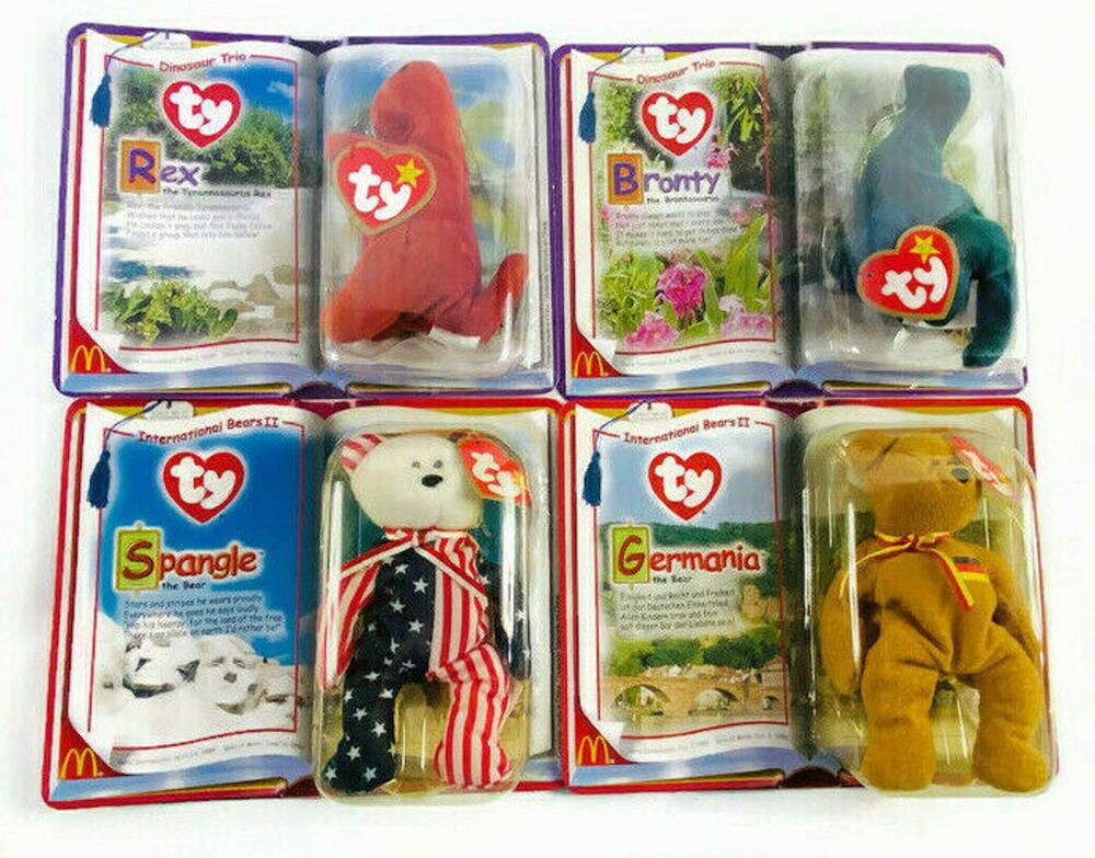 Ty McDonalds Teenie Beanie Babies Spangle Germania Rex Bronty Set of 4 Sealed